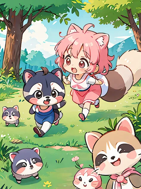 Momoko Sakura style, Kawaii Design, Chibi, Running together、Lots of cute raccoons、Playing with raccoon dogs