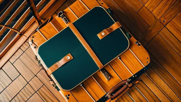 vintage suitcase on the wooden deck of a cruise ship, wooden deck, flat lay angle, photorealism, shot from above, shot on Kodak gold 400 film, 35mm look, film grain