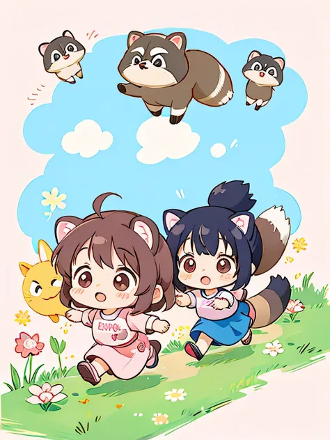 Momoko Sakura style, Kawaii Design, Chibi, Running together、Lots of cute raccoons、Playing with raccoon dogs