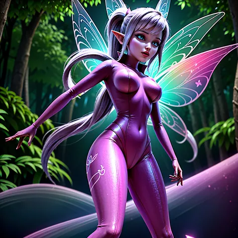 Renderizado CG 8K ultra detallado, Bodysuit rosa Vidia,hermoso fantasy elf in a magical forest full of light and color, intricate design, hermoso, grueso, voluptuoso, caderas anchas, pechos gigantescos, vestido largo, (((Enjambre de mariposas brillantes)))...