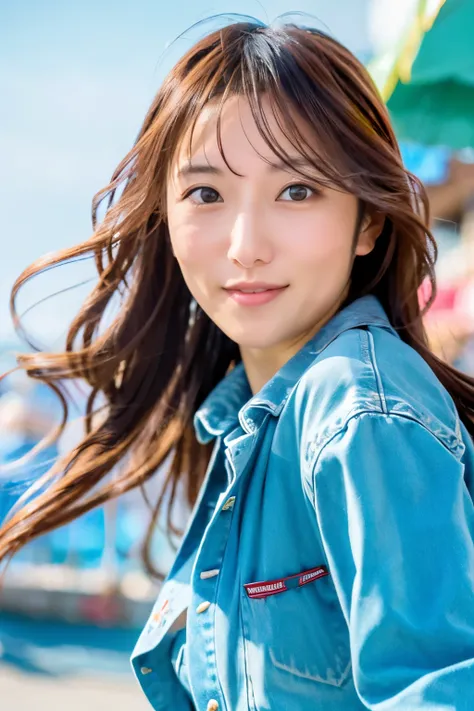 Masterpiece, 8K, high quality, high resolution, skinny Japanese woman, 30 years old, (detailed face, detailed eyes), running at full speed along the seaside street, a photo capturing a cool moment