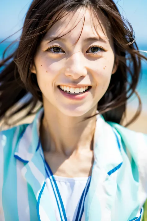 Masterpiece, 8K, high quality, high resolution, skinny Japanese woman, 30 years old, (detailed face, detailed eyes), running at full speed along the seaside street, a photo capturing a cool moment