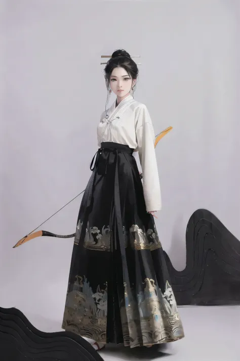 Wearing a black and white dress、Arafi woman holding a bow and arrow, Hanfu, white Hanfu, traditional chinese clothing, Dressed in ancient Chinese costumes, traditional, Wearing ancient Chinese clothes, Chinese Art Style, Japanese clothes, traditional cloth...