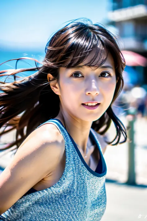 Masterpiece, 8K, high quality, high resolution, skinny Japanese woman, 30 years old, (detailed face, detailed eyes), running at full speed along the seaside street, a photo capturing a cool moment