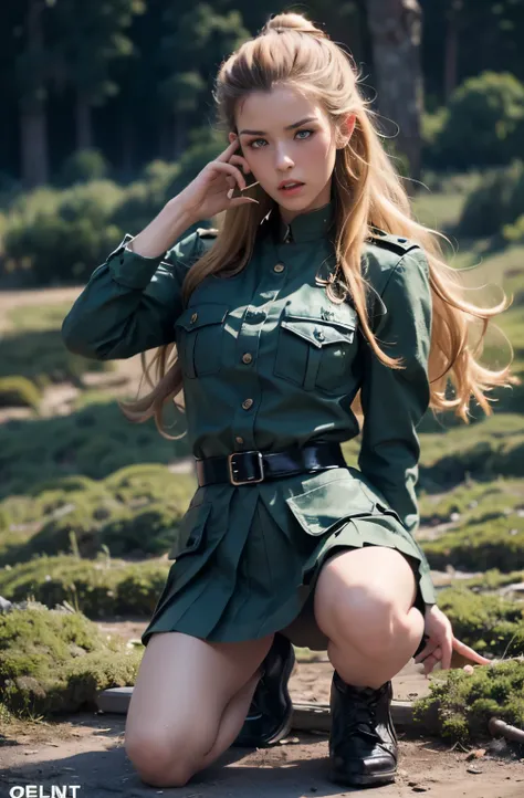 best quality, master piece, RAW photo, 8k, solo focus, clear face, cute face, beautiful eyes, 1girl, thin body, blonde hair, blue eyes, very long wavy hair, military uniform, pleated skirt, wearing clothes, opened clothes, BIG BREAST torn clothes, camoufla...