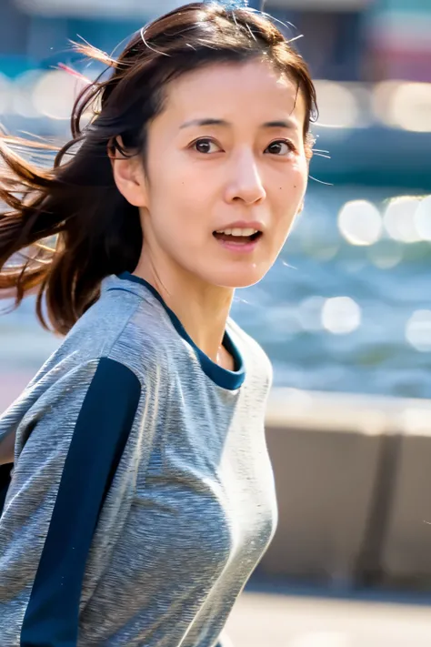 Masterpiece, 8K, high quality, high resolution, skinny Japanese woman, 30 years old, (detailed face, detailed eyes), running at full speed along the seaside street, a photo capturing a cool moment