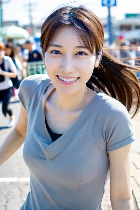 Masterpiece, 8K, high quality, high resolution, skinny Japanese woman, 30 years old, (detailed face, detailed eyes), running at full speed along the seaside street, a photo capturing a cool moment