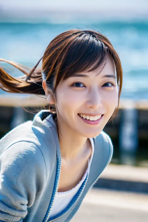 Masterpiece, 8K, high quality, high resolution, skinny Japanese woman, 30 years old, (detailed face, detailed eyes), running at full speed along the seaside street, a photo capturing a cool moment