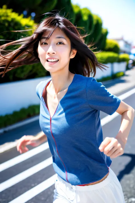 Masterpiece, 8K, high quality, high resolution, skinny Japanese woman, 30 years old, (detailed face, detailed eyes), running at full speed along the seaside street, a photo capturing a cool moment