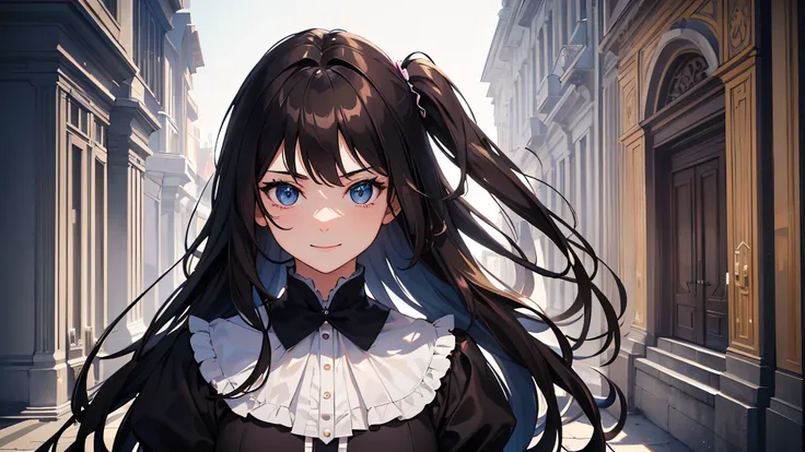 (masterpiece, highest quality, Very detailed, Best Shadow), (Beautifully detailed face), High Contrast,1girl,only,young woman,Dark brown hair,Straight Long Hair,Side Tail,Blue, clear eyes, Dark blue assassin suit, French Revolution Theme, Confident emotion...