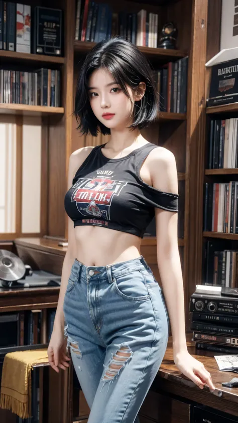 best quality, 1 Girl, ((Looking at the audience)), dark blue hair, black eyes, Very short hair, Spiky hair, Ahog, t-shirt, High waist jeans, 171 cm, Messy hair, Hair between the eyes, Medium breasts, Large Breasts, full, Dark Skin, Tomboy, aldult, 20 years...