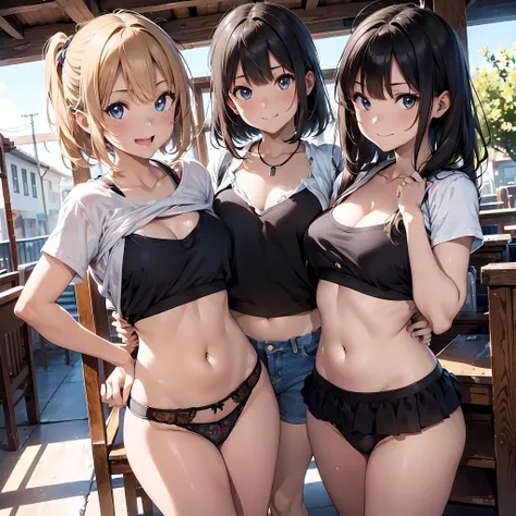 ((masterpiece, best quality, ultra quality, high quality, hyper detailed, intricate detailed, perfect anatomy, shiny skin, cowboy shot,)), (3women are posing for a camera),  (In the schoolyard)、 (Lift up your shirt:1.2),  (Laughing with your mouth open:1.2...