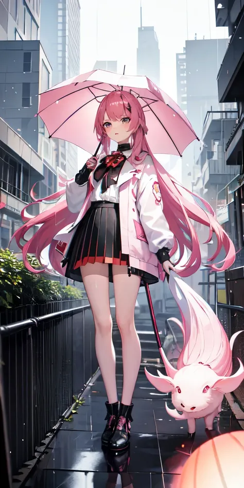 (masterpiece, best quality),1girl with long pink hair standing in a scifi-fantasy city holding an umbrella under the rain, short pleated skirt, short jacket, stockings