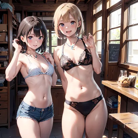 ((masterpiece, best quality, ultra quality, high quality, hyper detailed, intricate detailed, perfect anatomy, shiny skin, cowboy shot,)), (3women are posing for a camera), (Laughing with your mouth open),  brown hair, blond hair, navel, jewelry, looking a...