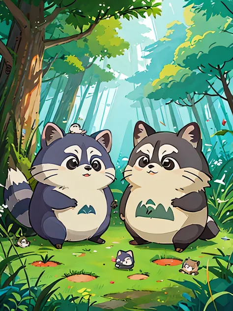 hayao miyazaki style, Kawaii Design, Chibi, playing together、Lots of cute raccoons、Playing with raccoon dogs、Totoro Forest