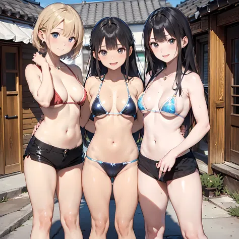 ((masterpiece, best quality, ultra quality, high quality, hyper detailed, intricate detailed, perfect anatomy, shiny skin, cowboy shot,)), (3women are posing for a camera), Laughing with your mouth open,  brown hair, blond hair, navel, jewelry, looking at ...