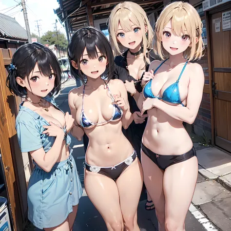 ((masterpiece, best quality, ultra quality, high quality, hyper detailed, intricate detailed, perfect anatomy, shiny skin, cowboy shot,)), (3women are posing for a camera), Laughing with your mouth open,  brown hair, blond hair, navel, jewelry, looking at ...