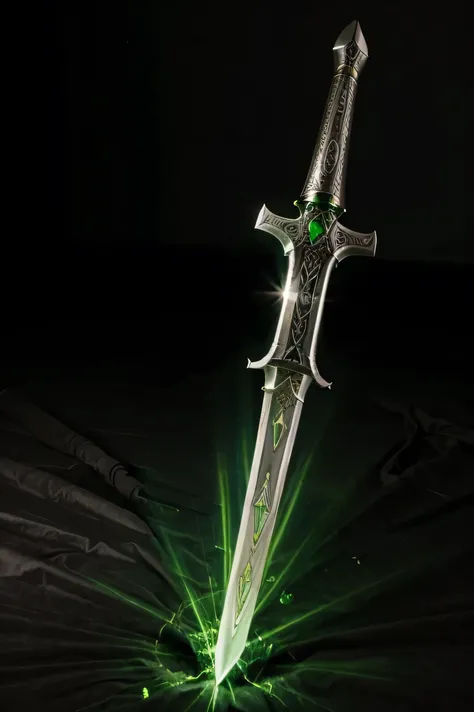 Long sword with green orb lighting effect, shine silver sword with light, magic aura, great weapon. laydown on the leather. 