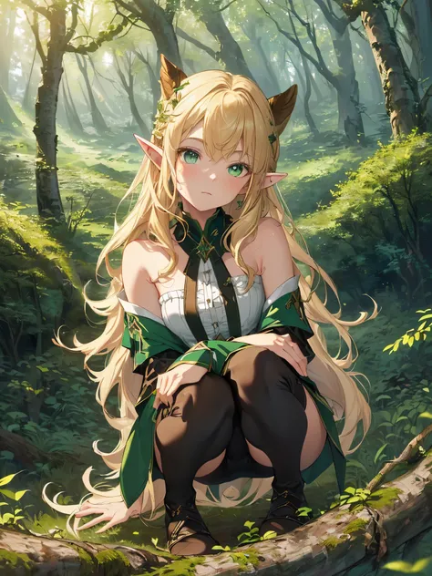 ((masterpiece)), ((highest quality)), ((High resolution)), ((Highly detailed CG synthesis 8k wallpaper)), ((On the branches of a tree in a deep forest:1.3)), ((Elf female cartoon character, Pointed elven ears, Wavy blonde hair, Green Eyes, Bare Skin:1.2)),...