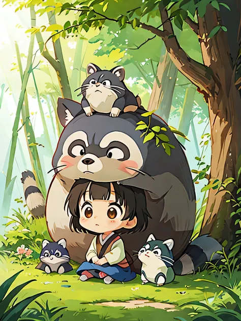 hayao miyazaki style, Kawaii Design, The most beautiful girl of all time、Chibi, Totoro、playing together、Lots of cute raccoons、Playing with raccoon dogs、Totoro Forest