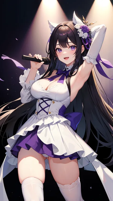 highest quality、All limbs、Full Finger、Slender beauty、Straight hair、Black Hair、,White and purple idol costume、Dark purple panties、Knee-high socks、Beautiful big breasts、Exposed thighs，Live Stage、sing、Dancing、Big smile，The spotlight shines on her.