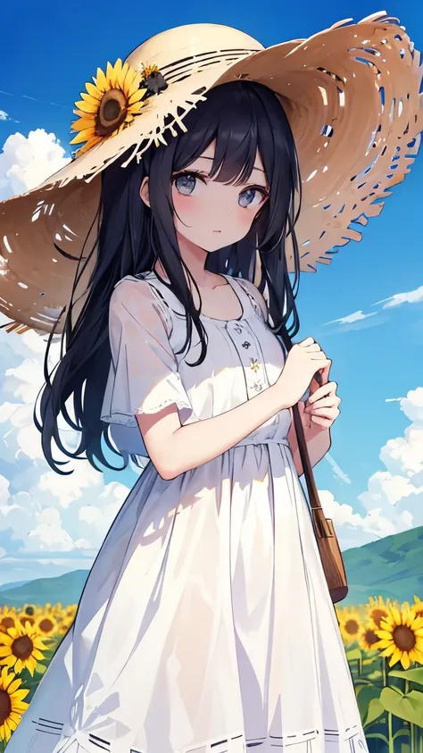 ,girl,Best image quality,,Black Hair,,Grey Eyes,,White skin,Long Hair,Straight Hair,Flower Field,blue sky,sunflower,Straw hat,White dress,Sweat,parasol,