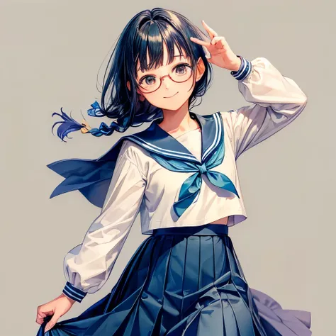 (highest quality:1.5), (masterpiece:1.5), cowboy shot, Simple Background, 18-year-old, Sailor suit, Pleated skirt, Glassesをかけている, Blue braid hair, Glasses, Smile