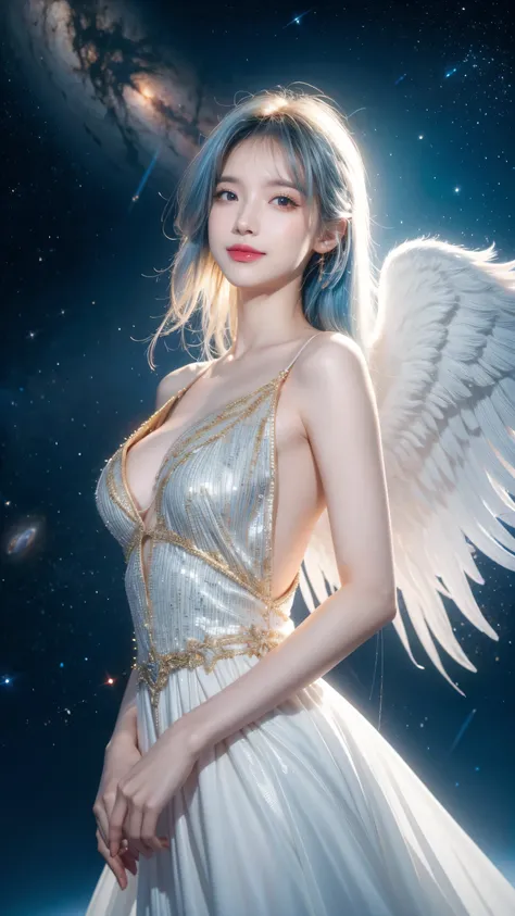 A woman, cyan hair, Red Eyes, Smile, Angel Wings, Golden Halo, White Dress, upright, In outer space, Milky Way in the background, distant stars, Upper Body