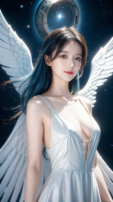 A woman, cyan hair, Red Eyes, Smile, Angel Wings, Golden Halo, White Dress, upright, In outer space, Milky Way in the background, distant stars, Upper Body