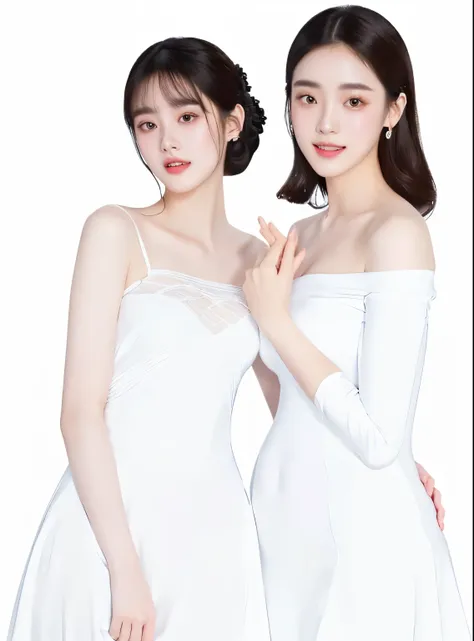 Three ladies in white dresses pose for a group photo, White background!!!!!!!!!!, in White clothes, official art works, full body xianxia, Home, perfume, Inspired by Wang Duo, milky white skin, White background!!!, twice, Dilraba Dilmurat, White background...