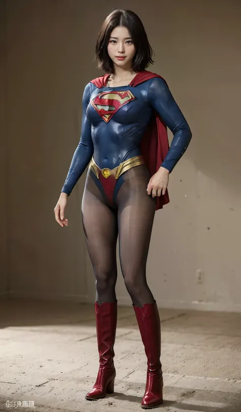 No background、(((Beautiful legs in black tights.)))、(((Legally express the beauty of your smile)))、((((Make the most of your original images)))、(((Supergirl Costume)))、(((Beautiful short bob hair)))、(((suffering)))、(((Please wear black tights....、Wear red ...
