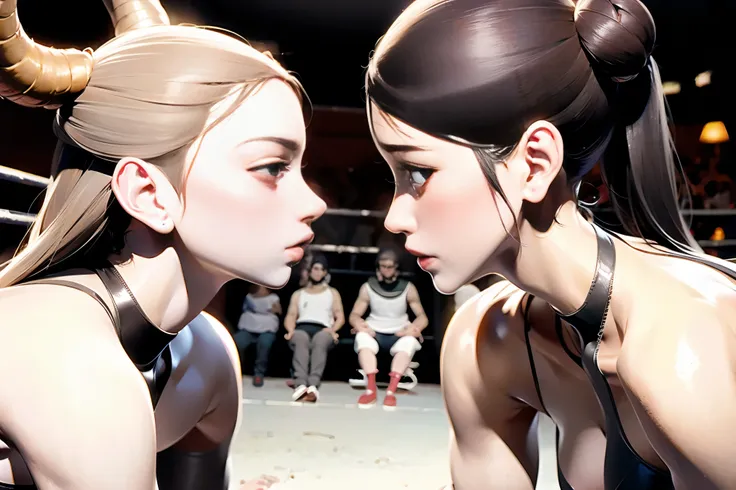 boxing match of between demongirls，close-up，face to face，horns，side view