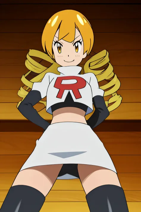 masterpiece,best quality,high res,high quality,8k, masterpiece,highres, team rocket uniform, red letter r, white skirt,white crop top,black thigh-high boots, black elbow gloves, evil smile, looking down at viewer, hands on hips, cowboy shot, zettai ryouiki...