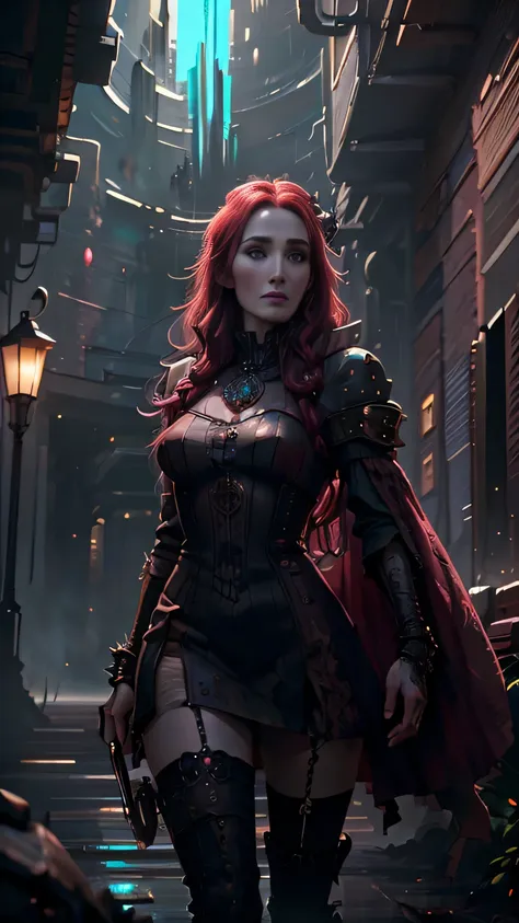 (сyberpunk style), (Carice van Houten) as Melisandre, ruby (mini сyberpunk dress), (stockings), (сyberpunk witch), standing, in a skyscraper, (1woman), (solo), (full body view), beautiful detailed glow, detailed, cinematic light, intricate detail, realisti...