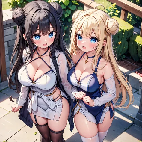 highest quality,wonderful,finely,extremely detailed CG Unity 8K wallpaper, (Stand in line:1.2), (3 girls, cute eyes, Black Hair, Blue Eyes, double bun, clothed), (sparkling eyes:1.2), (midium breasts), (wariza:1.4), (cleavage), (open mouth:1.1), (long tong...