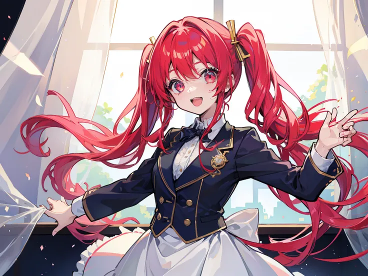 Tabletop,Very detailed,1 girl,alone、very cute、cool composition、Vertical roll hair、Vertical curls、Red Hair、Invite to dance、best scene、cool composition、blazer、、Hold out one hand、Backlight、cute、The best smile、Spread one arm out to the side、front、vertical roll...