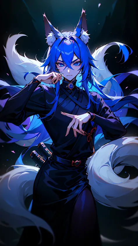 Kitsune, male, beautiful face, beautiful blue eyes,fox ears, fox tail, medium long hair, dnd rogue, rogue, rogue costume, (tanto sword), threatening pose