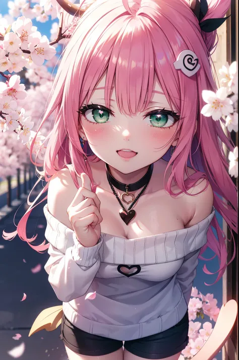 Lara Deviluke, Lara Deviluke, Long Hair, Pink Hair, tail, Ahoge, bangs, hair ornaments, (Green Eyes:1.5), happy smile, smile, Open your mouth,demon tail,Off-the-shoulder sweater,Exposing shoulders,bare clavicle,Bare neck,Heart Pendant,Shorts,Black Pantyhos...