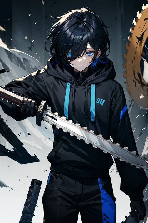 1boy, wearing black and blue hoodie, dark blue eyes high detailing, black hair blue pattren, bangs covering right eye, long black trousers, on the park, holding chainsaw sword, (hair over eyes:1.1), (detailed), ((best quality))