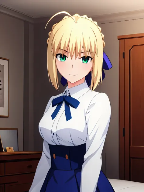 best quality, masterpiece, highres, ray_tracing_graphic, solo, adult_female, {saber_fatestaynightufotable:1.15}, blonde_hair, little_ahoge, green_eyes, blue_ribbon, 1girl, anime_coloring, upper_body, happy, little_smile, five_fingers, blush, large_breasts,...