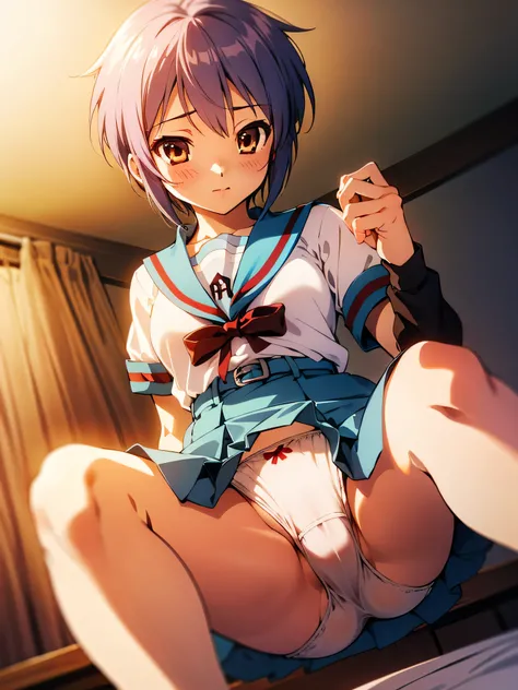 masterpiece, highest quality, High resolution, (1 Girl), masterpiece, highest quality, High resolution, Nagato Yuki, Yuki Nagato, Short Hair, Blue sailor collar, serafuku, skirt, blue skirt, Short sleeve, White shirt, Bedroom, bed, bed, bedroom, Spread you...