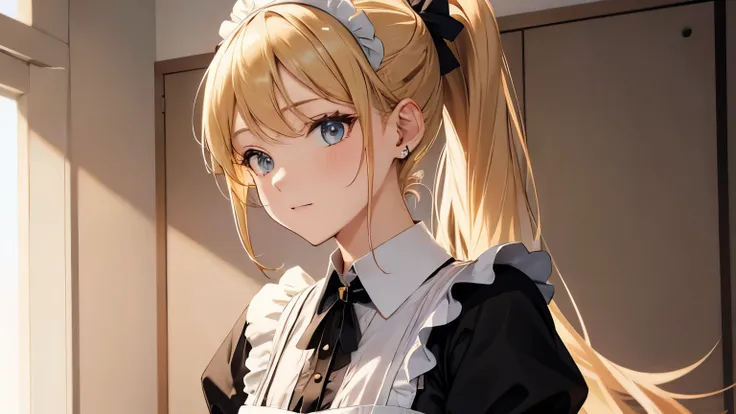 beauty in maid clothes　blonde ponytail with accessories　upper body