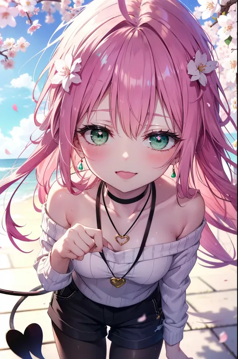 Lara Deviluke, Lara Deviluke, Long Hair, Pink Hair, tail, Ahoge, bangs, hair ornaments, (Green Eyes:1.5), happy smile, smile, Open your mouth,demon tail,Off-the-shoulder sweater,Exposing shoulders,bare clavicle,Bare neck,Heart Pendant,Shorts,Black Pantyhos...