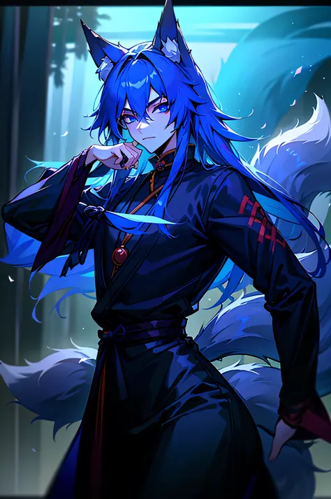 Kitsune, male, beautiful face, beautiful blue eyes,fox ears, fox tail, medium long hair, dnd rogue, rogue, rogue costume, (tanto sword), threatening pose