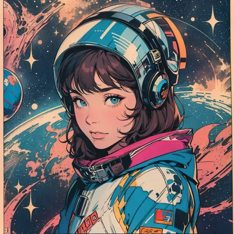 ultimate best quality,beautiful woman,speech bubble,big brest,galaxy,60s,70s,80s,colorful,cosmo,space,((mask)),