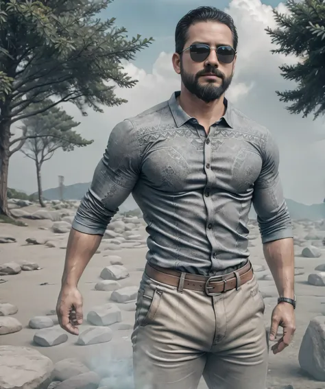 Obra maestra, desenfoque de campo, Parte superior del cuerpo, Hands in pants pockets , 38 year old man with beard and square sunglasses.. Man wearing a stone shirt in an action movie with a firestorm in the background. Camisa de piedra.