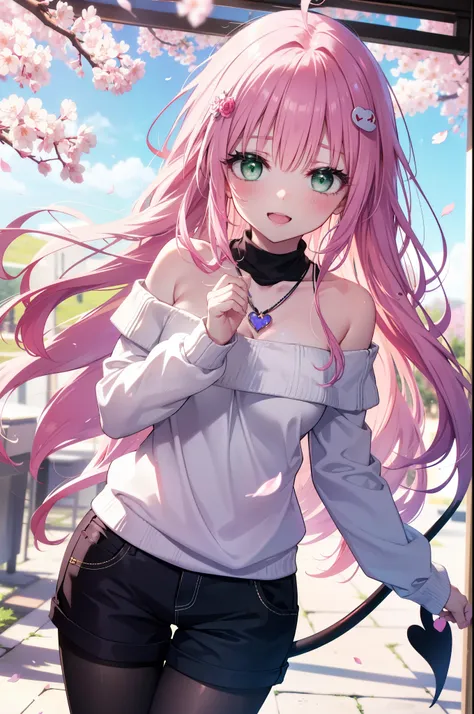 Lara Deviluke, Lara Deviluke, Long Hair, Pink Hair, tail, Ahoge, bangs, hair ornaments, (Green Eyes:1.5), happy smile, smile, Open your mouth,demon tail,Off-the-shoulder sweater,Exposing shoulders,bare clavicle,Bare neck,Heart Pendant,Shorts,Black Pantyhos...