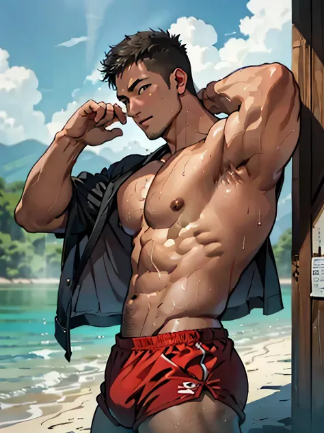 male、Short Hair、Macho、Handsome、wild、muscle、Swimwear、Sweat