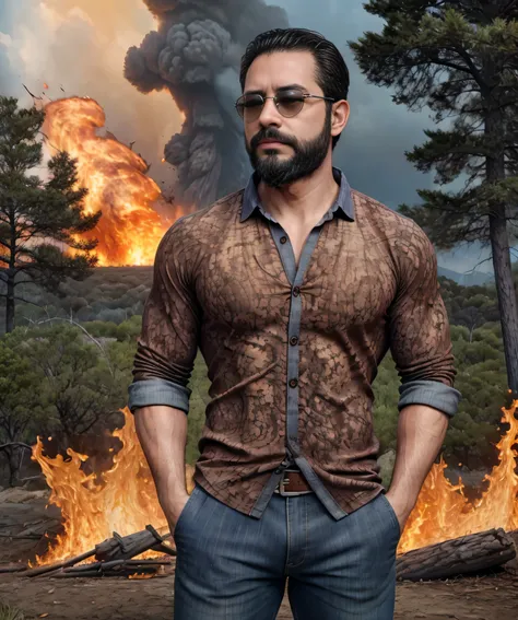 Obra maestra, desenfoque de campo, Parte superior del cuerpo, Hands in pants pockets , 38 year old man with beard and square sunglasses.. Man wearing a wooden shirt in an action movie with a fire storm in the background. Camisa de madera.