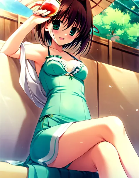 asakura_yume,brown hair,medium chest,aqua eye,white skin,izakaya,((sitting)),((drinking alcohol)),((bust up shot)),(((((green_su...